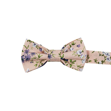 Babys Breath Pre-Tied Bow Tie. Blush background with blue, white and lavender flowers, with green leaves and stems.