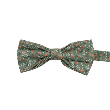 Calla Lily Floral Pre-Tied Bow Tie. Sage green background with small white and coral flowers throughout.