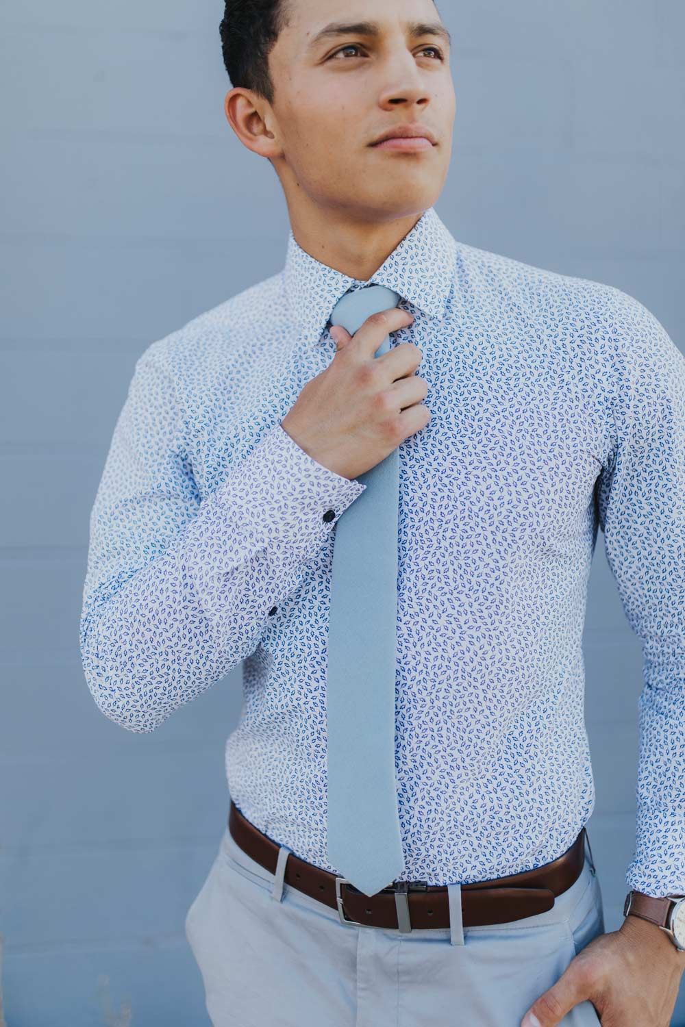 light blue tie white shirt