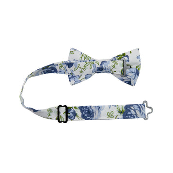 Frisco Pre-Tied Bow Tie with adjustable neck strap. White background with small and medium size light blue flowers and sage green leaves.