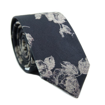 Nightfall Skinny Tie. Black background with big cream flowers.