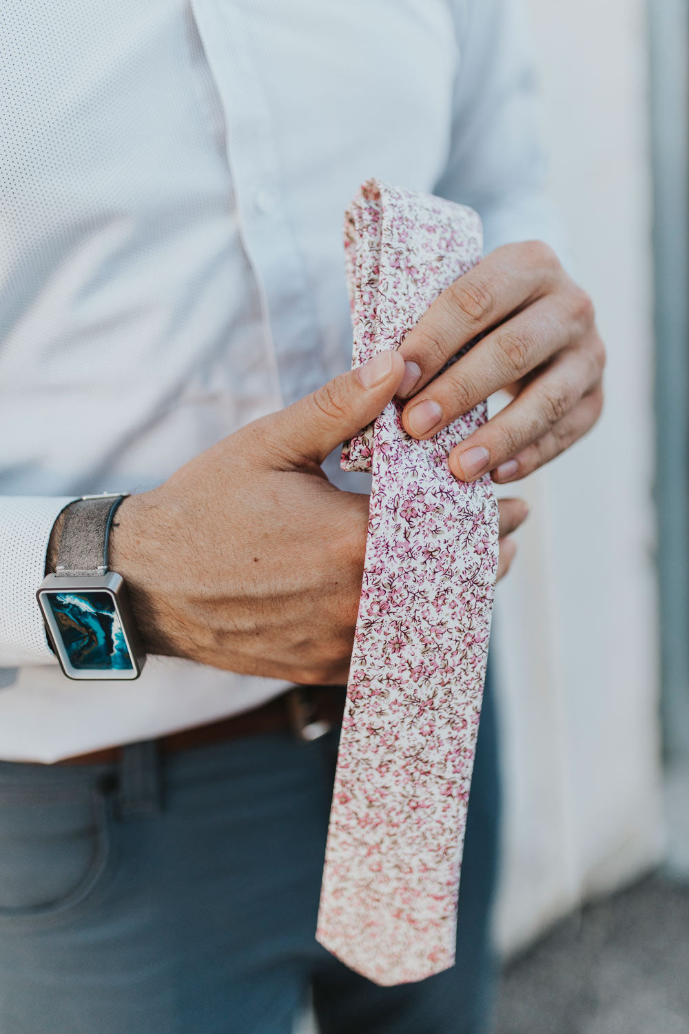 Close up shot of the Ventura tie being held in someone's hands. 